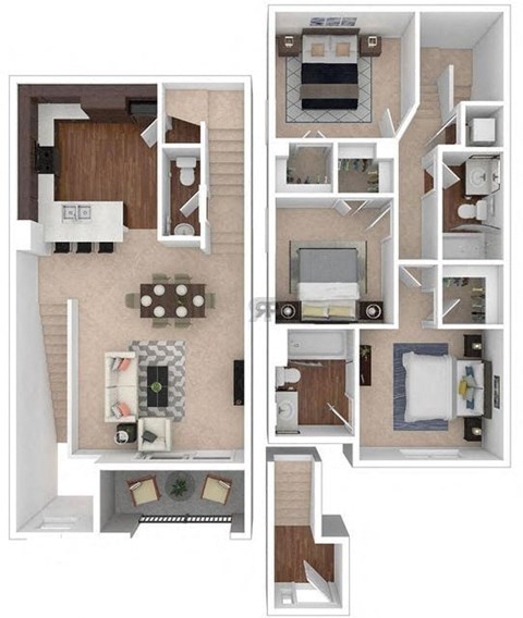Floor plan for 3 beds, 2.5 baths, 1405 sqft
